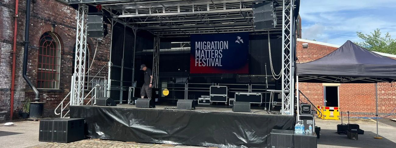 7x6m mobile trailer stage with flown line-array PA